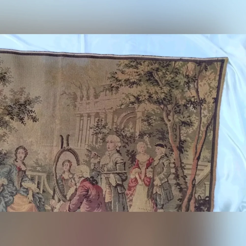 Antique Woven Tapestry Wall Hanging Romantic Baroque Painting Scene Belgium Wool